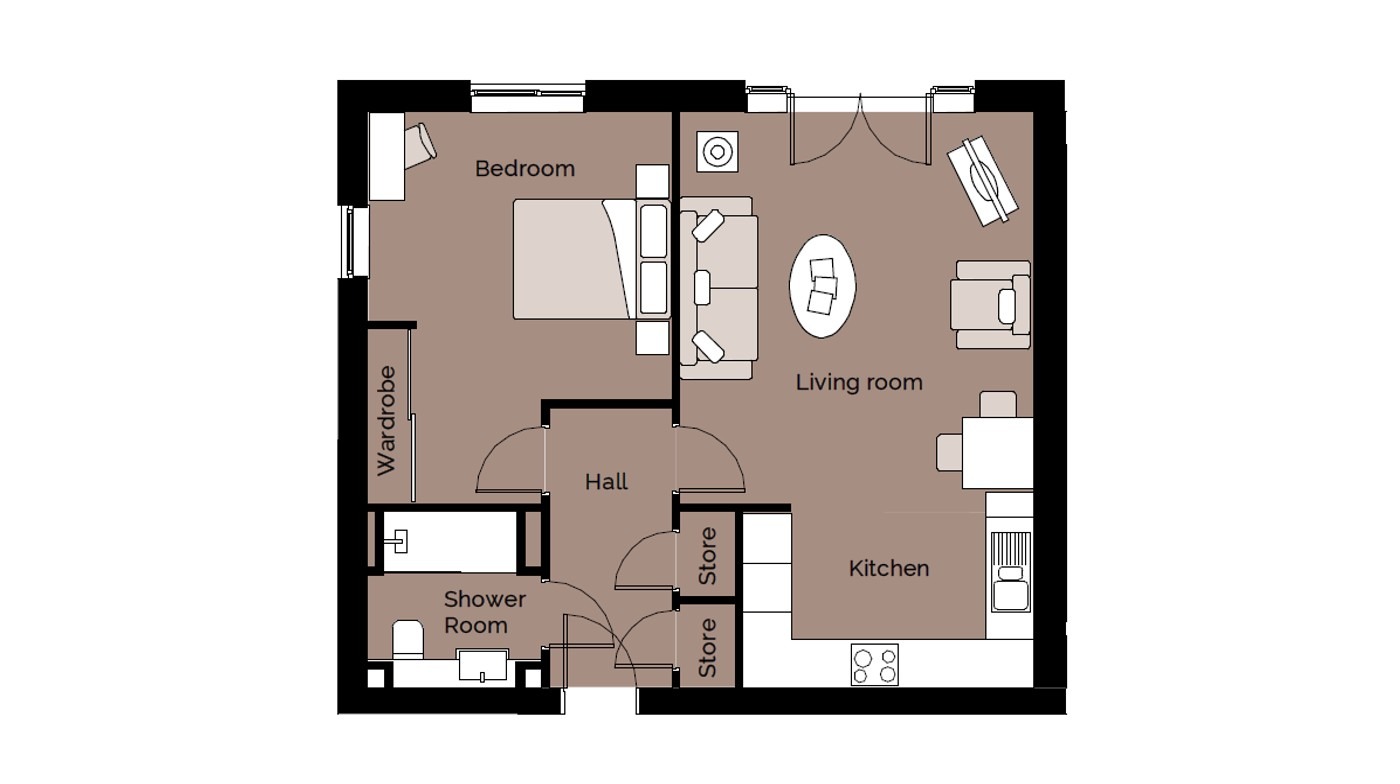 Floor plan of a typical one bedroom retirement apartment at Albany Lodge in Derby by Burghley Retirement Living. Showing a large living room with patio doors, an open plan kitchen, a master bedroom with built in wardrobe, a shower room and a store cupboard.