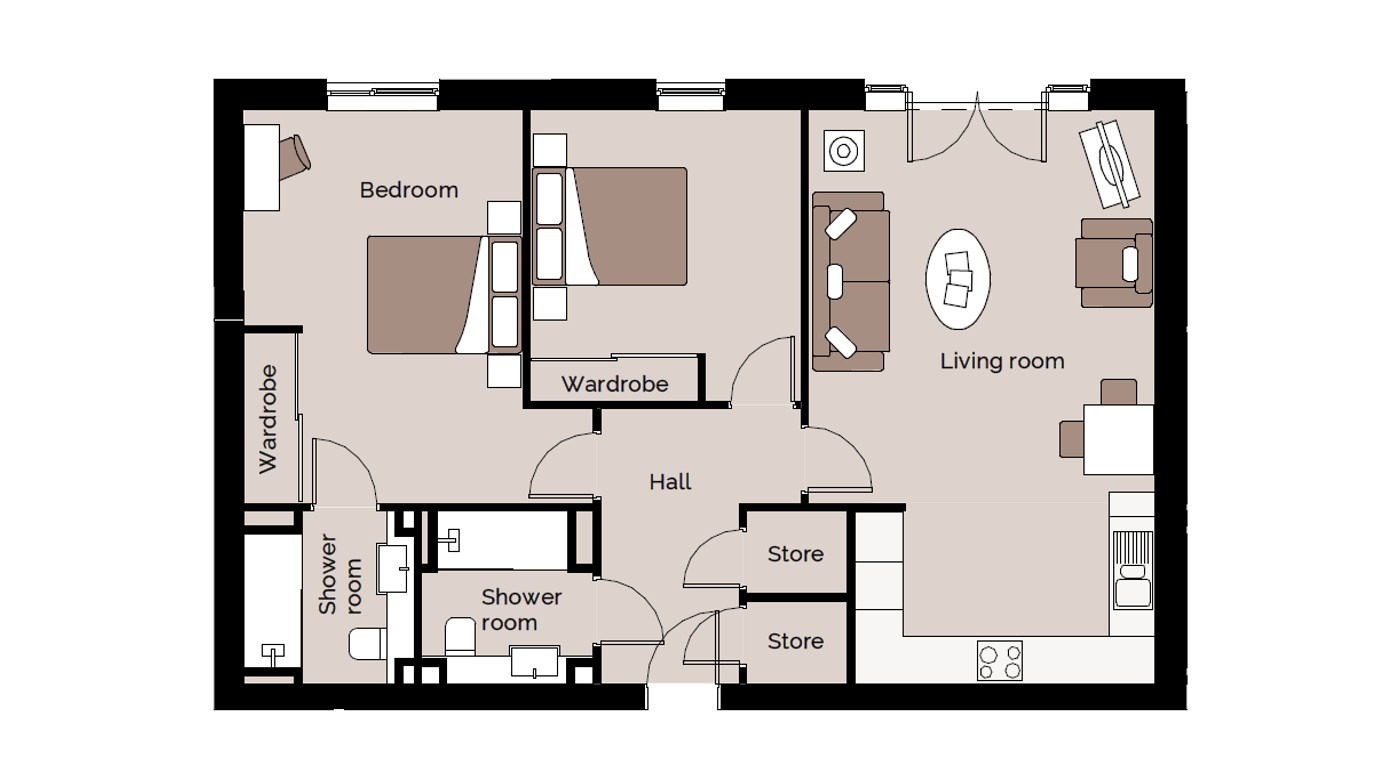 Floor plan of a typical two bedroom retirement apartment at Albany Lodge in Derby by Burghley Retirement Living. Showing a large living room with patio doors, an open plan kitchen, a master bedroom with built in wardrobe and en-suite, a second bedroom also with a built in wardrobe, a shower room and two store cupboards.