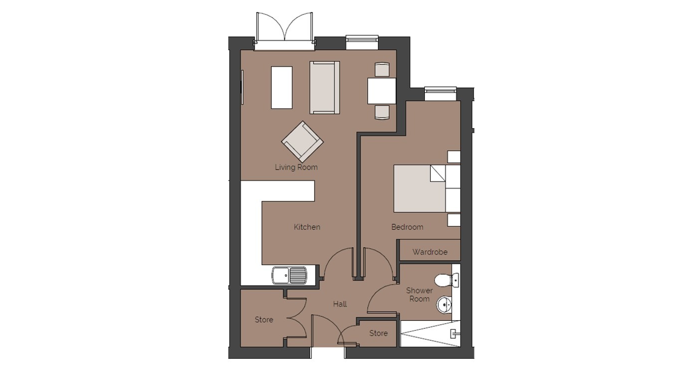 Floor plan of a typical one bedroom retirement apartment in Brighouse by Burghley Retirement Living. Showing a large living room with patio doors, an open plan kitchen, a master bedroom with built in wardrobe, a shower room and a store cupboard.