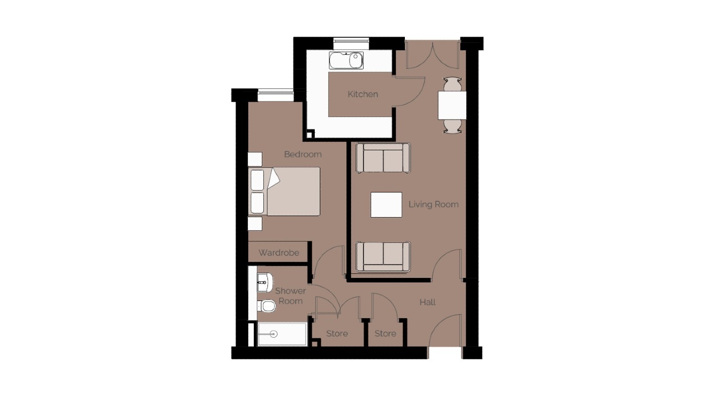 Floor plan of a typical one bedroom retirement apartment at Royles Lodge in Thornton-Cleveleys by Burghley Retirement Living. Showing a large living room with patio doors, a separate kitchen, a master bedroom with built in wardrobe, a shower room and a store cupboard.