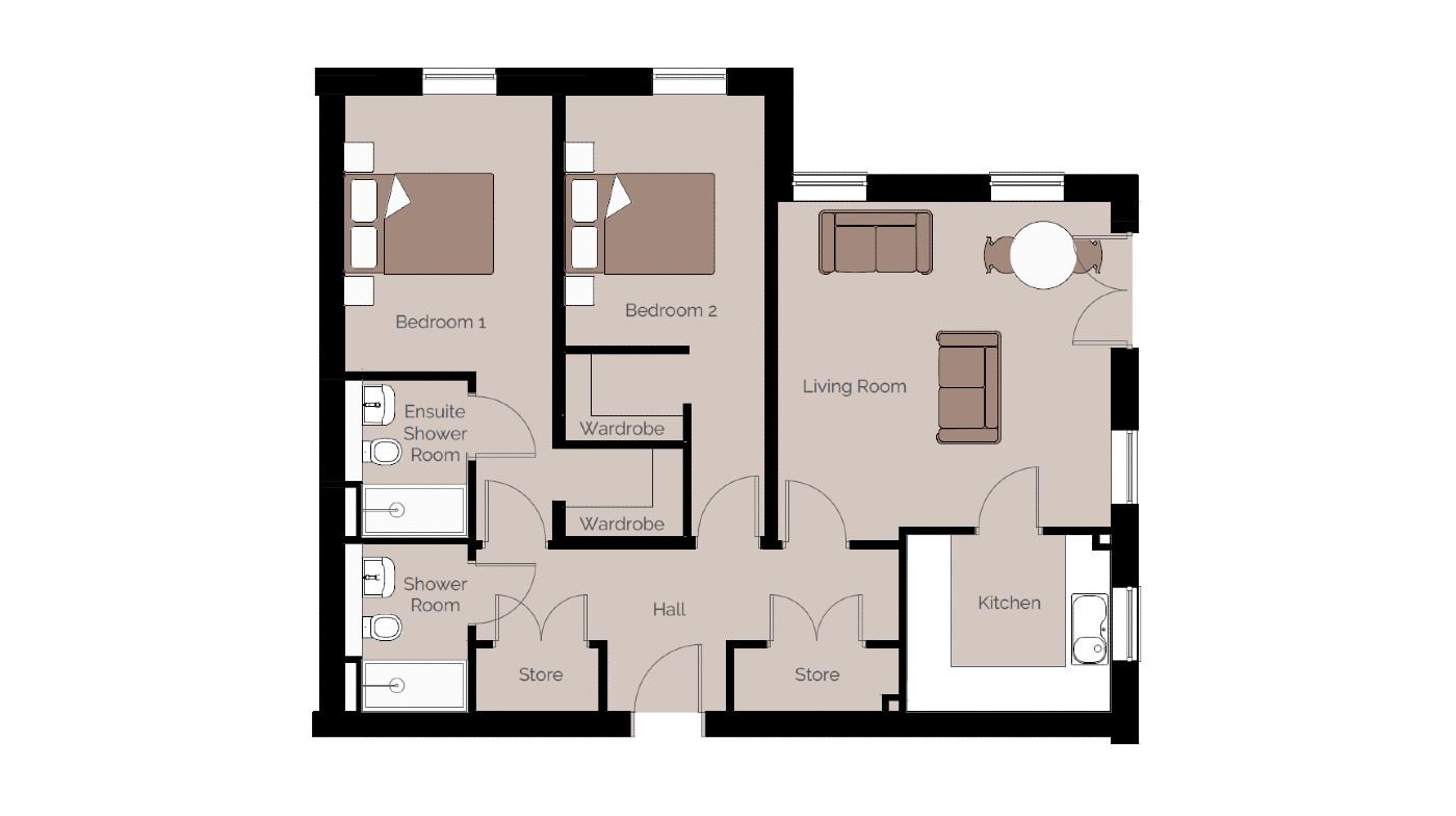 Floor plan of a typical two bedroom retirement apartment at Royles Lodge in Thornton-Cleveleys by Burghley Retirement Living. Showing a large living room with patio doors, a separate kitchen, a master bedroom with walk in wardrobe and en-suite, a second bedroom with walk in wardrobe, a separate shower room and two store cupboards.